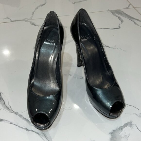 STUART Weitzman Shiny Gray peep toe platform evening prom high heels size 7.5 M - Picture 3 of 16